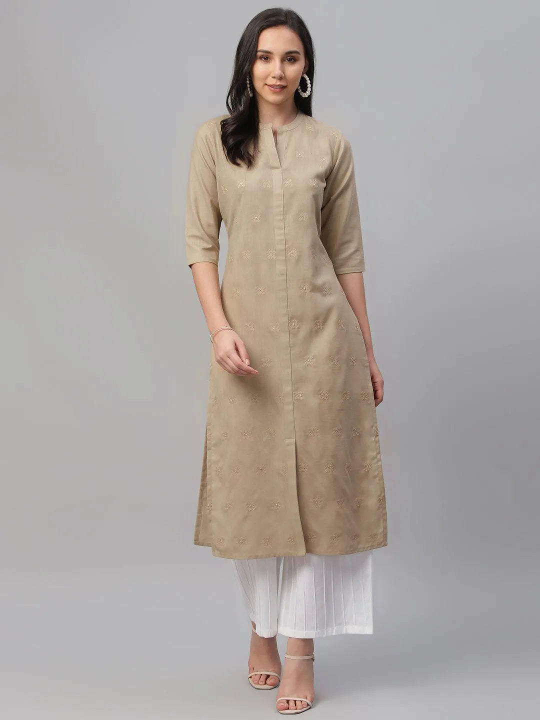 Beige Embroidered Cotton Kurta - Jashvi