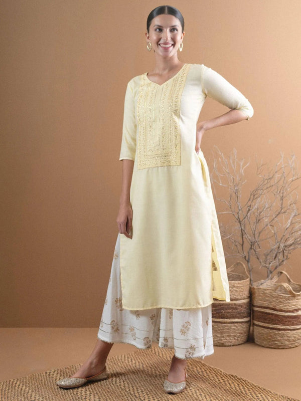 Beige Embroidered Cotton Kurta With Mask - Jashvi