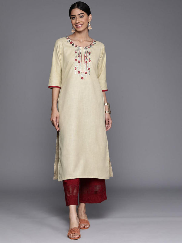 Beige Embroidered Cotton Straight Kurta - Jashvi