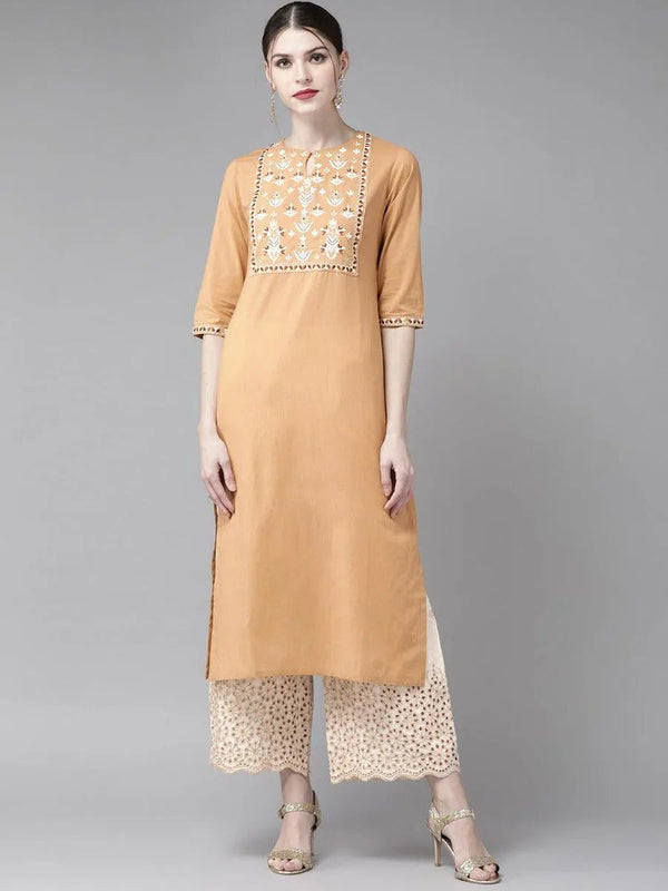 Beige Embroidered Cotton Kurta Set - Jashvi