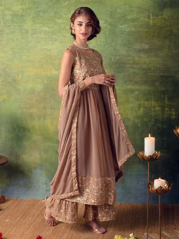 Beige Embroidered Georgette Suit Set - Jashvi