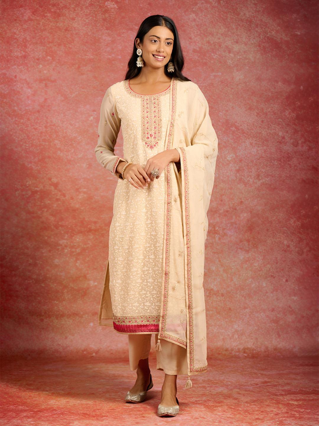 Beige Embroidered Georgette Straight Kurta With Trousers & Dupatta - Jashvi