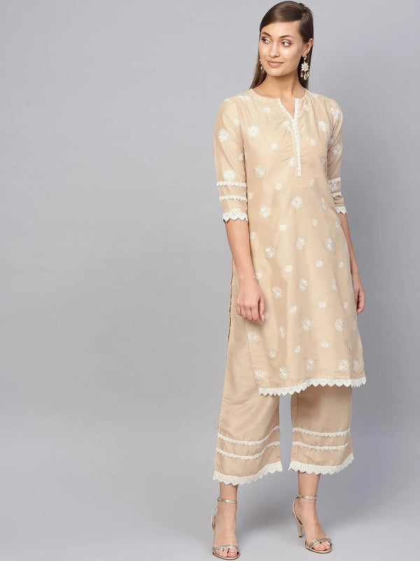 Beige Embroidered Muslin Kurta Set - Jashvi