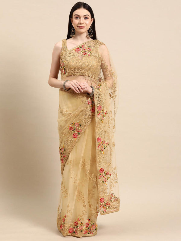 Beige Embroidered Net Saree - Jashvi