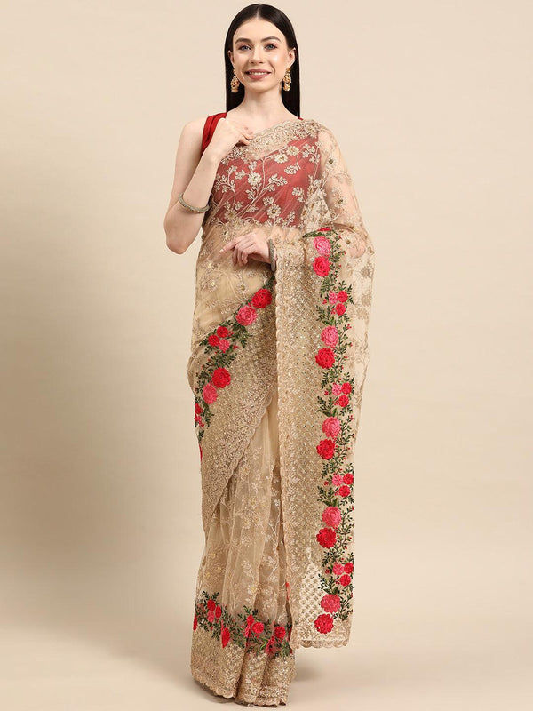 Beige Embroidered Net Saree - Jashvi