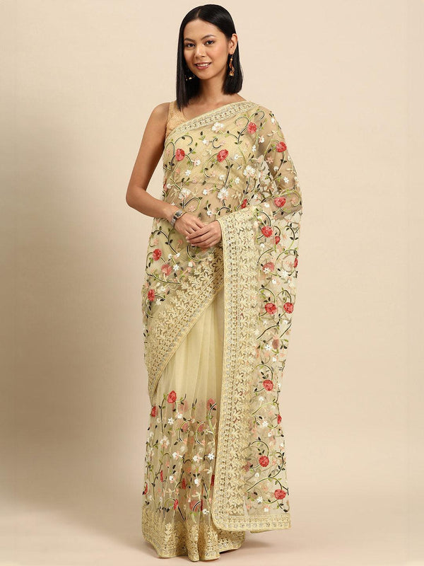 Beige Embroidered Net Saree - Jashvi