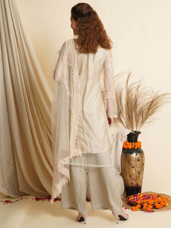 Women's Beige Embroidered Palazo Kurta Set - Odette