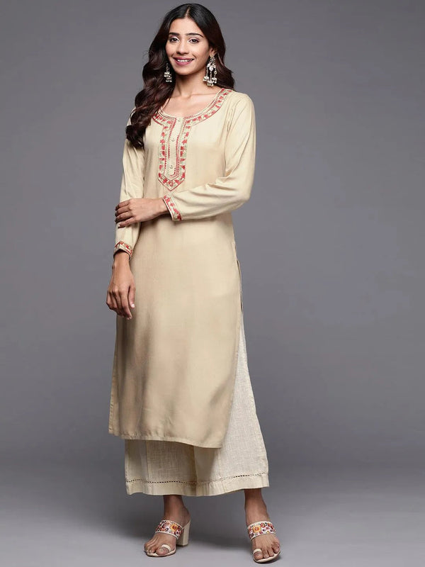 Beige Embroidered Pashmina Wool Straight Kurta - Jashvi