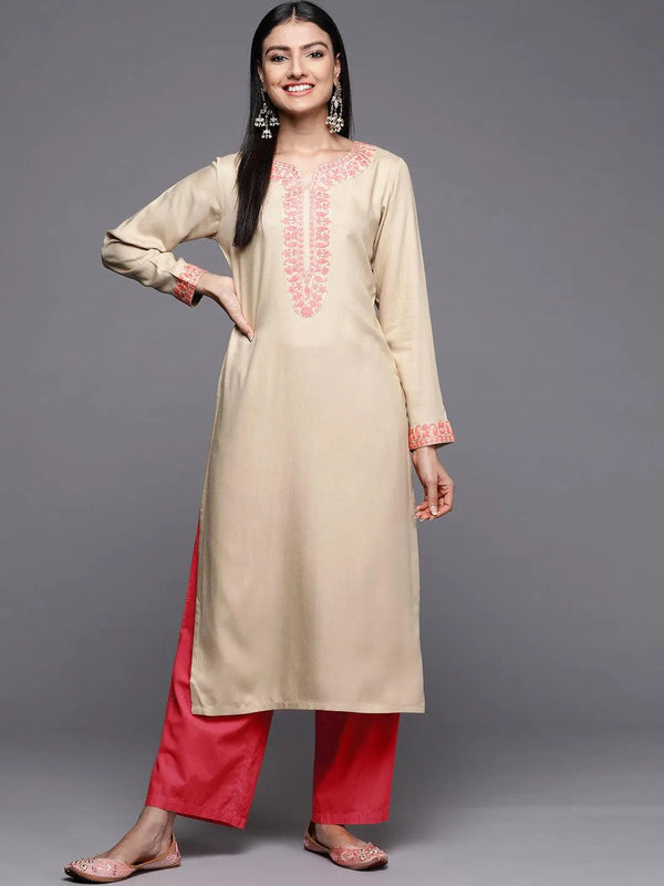 Beige Embroidered Pashmina Wool Straight Kurta - Jashvi