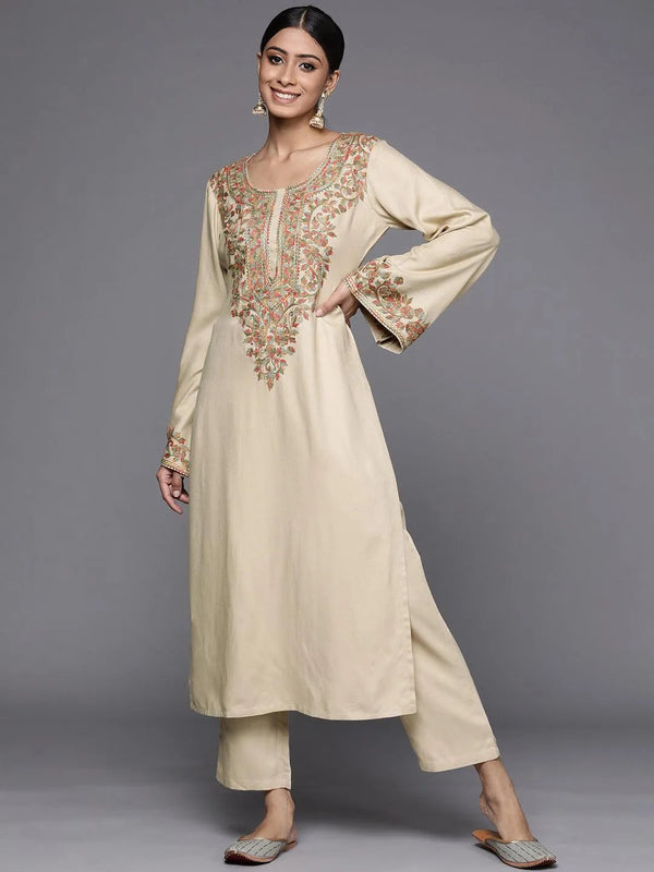 Beige Embroidered Rayon Kurta - Jashvi