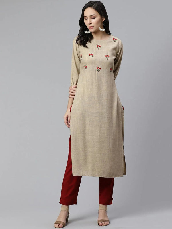 Beige Embroidered Rayon Kurta - Jashvi