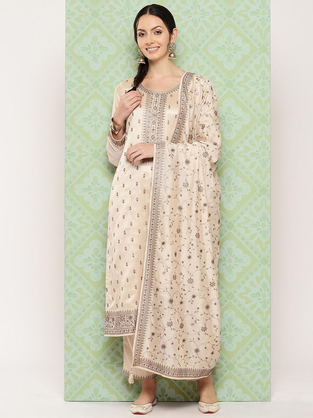 Beige Embroidered Silk Blend Straight Kurta With Trousers & Dupatta - Jashvi