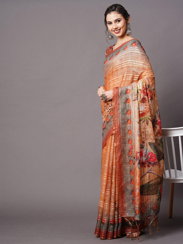 Women's Beige Festive Linen Blend Printed Saree With Unstitched Blouse - Odette