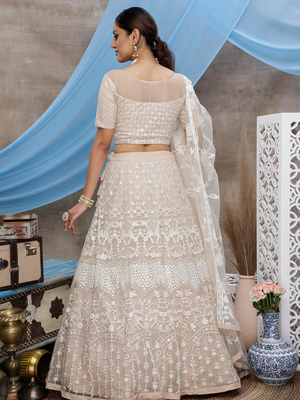 Women's Beige Net Gota Patti Lehenga Set - Odette