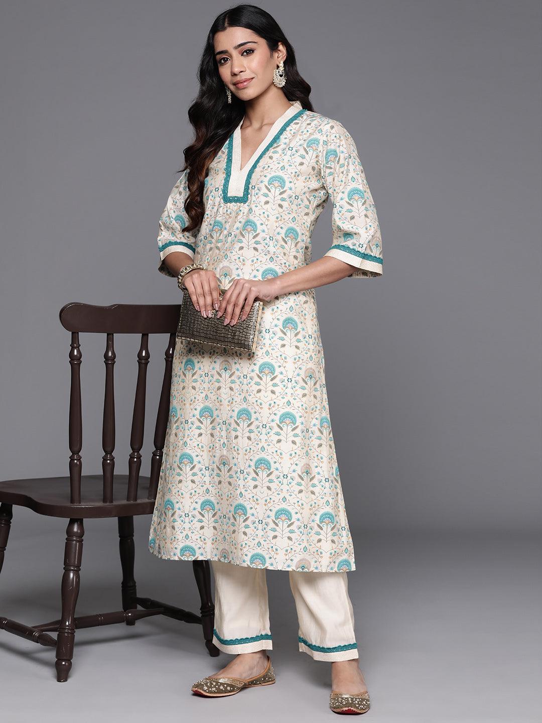 Beige Printed Chanderi Silk A-Line Kurta With Palazzos - Jashvi