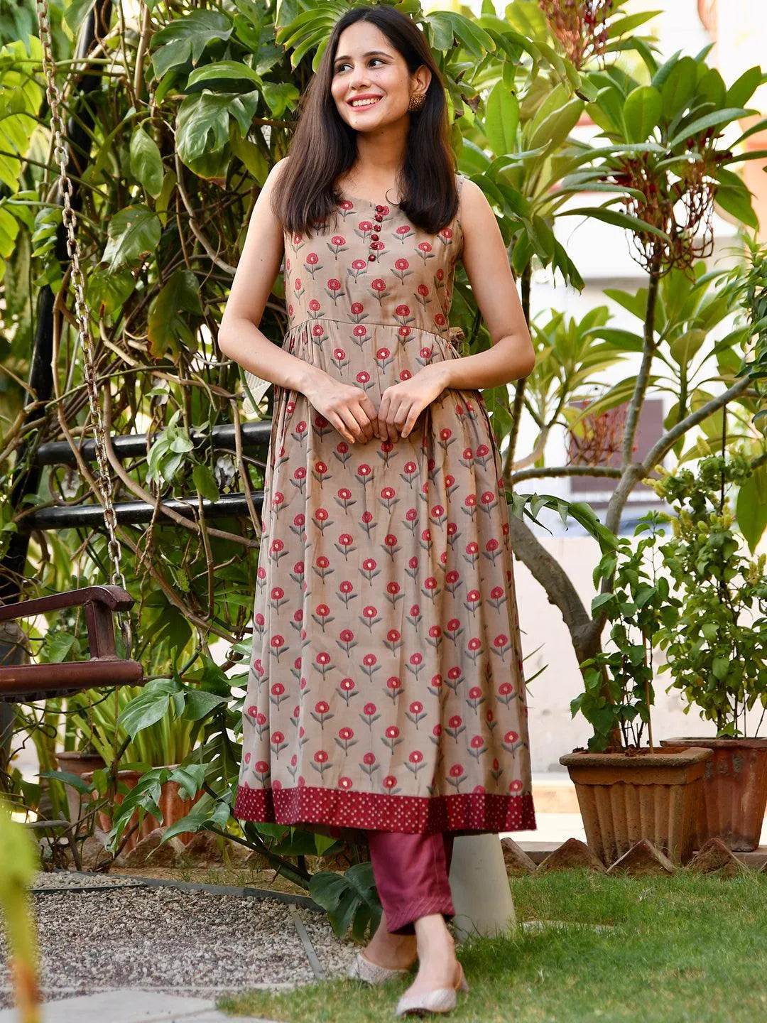 Beige Printed Chanderi Silk Kurta - Jashvi