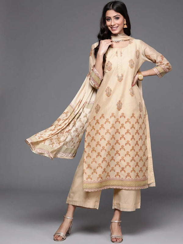 Beige Printed Chanderi Silk Suit Set - Jashvi