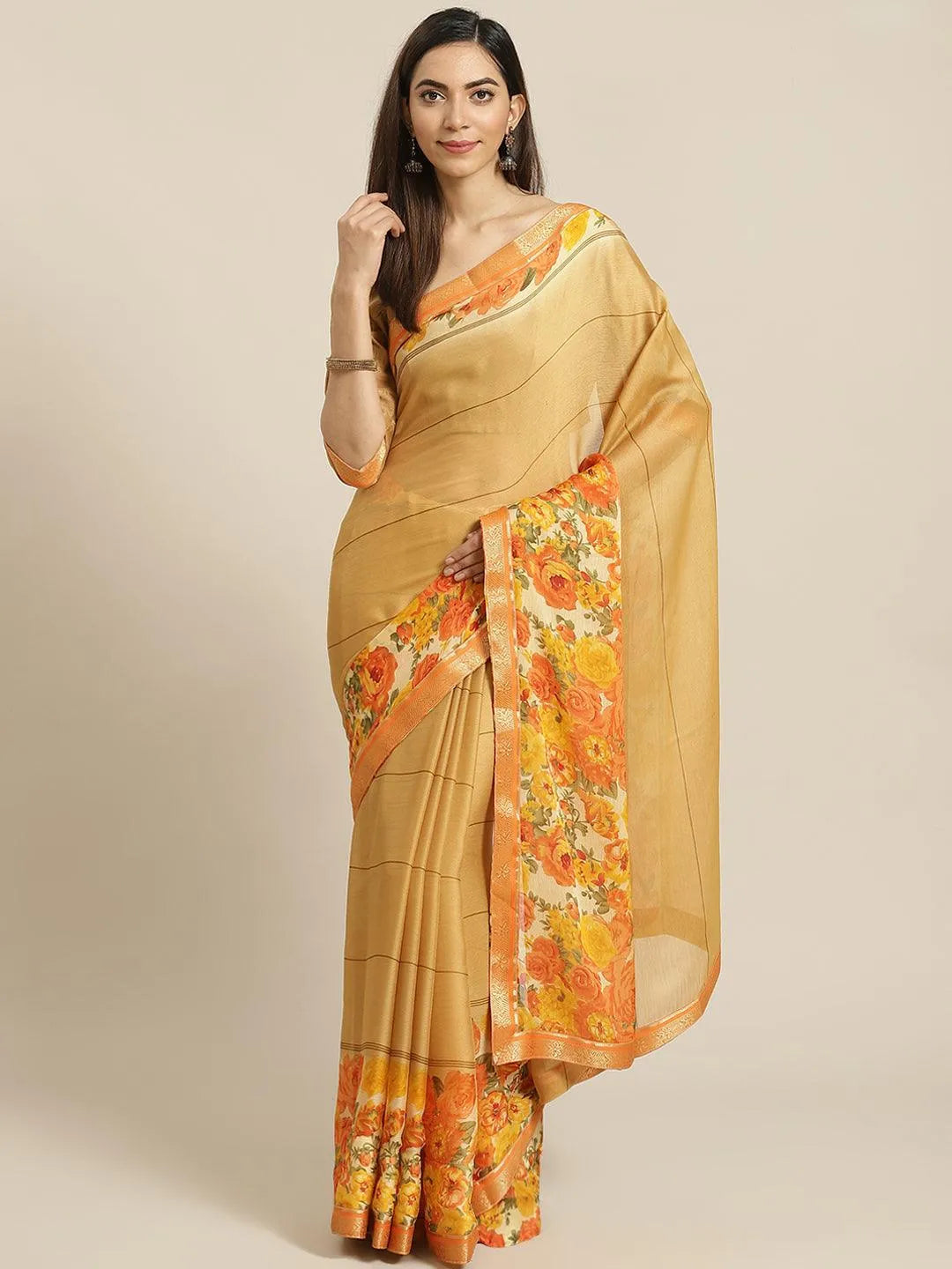 Beige Printed Chiffon Saree - Jashvi