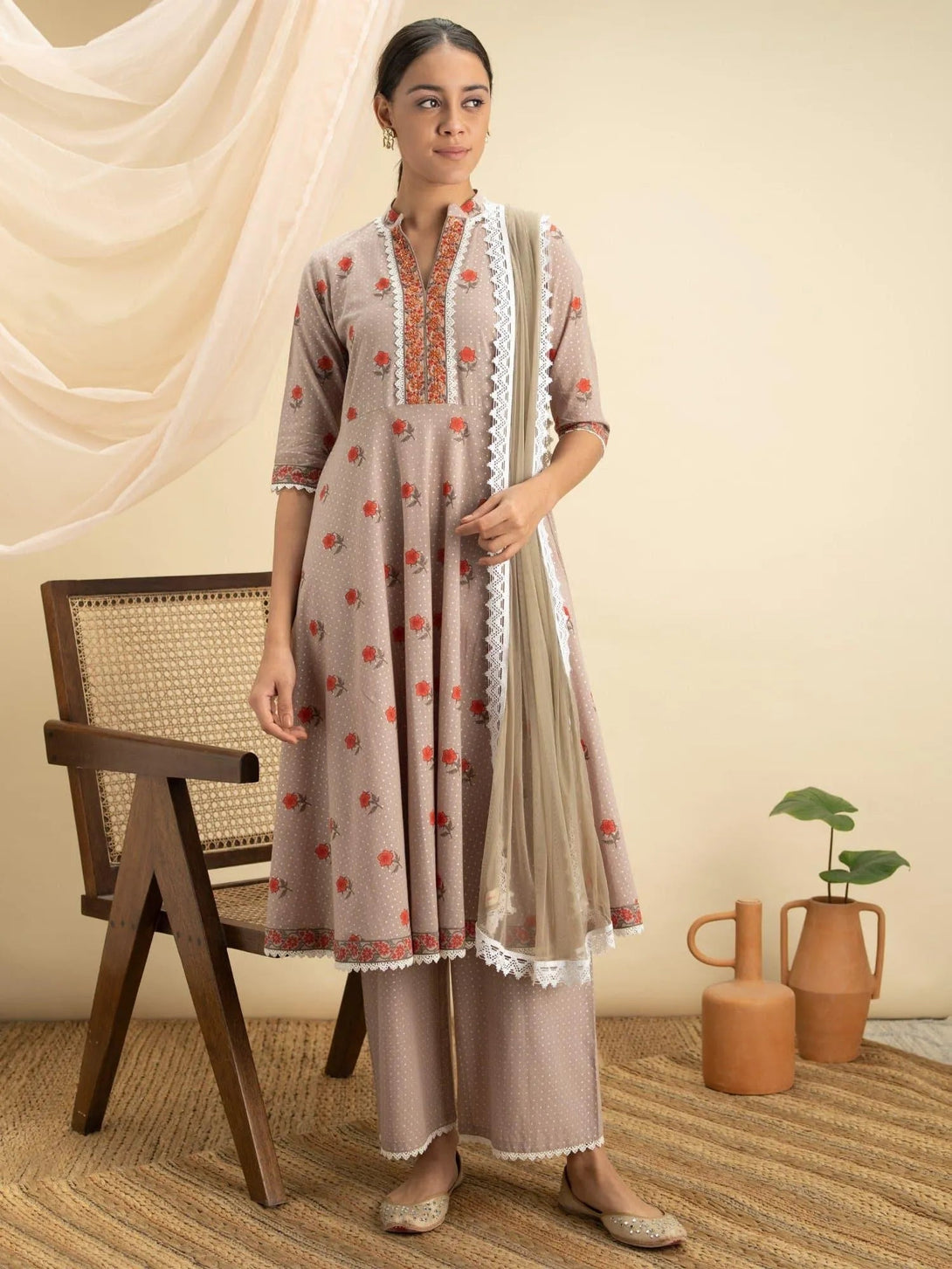 Beige Printed Cotton Suit Set - Jashvi