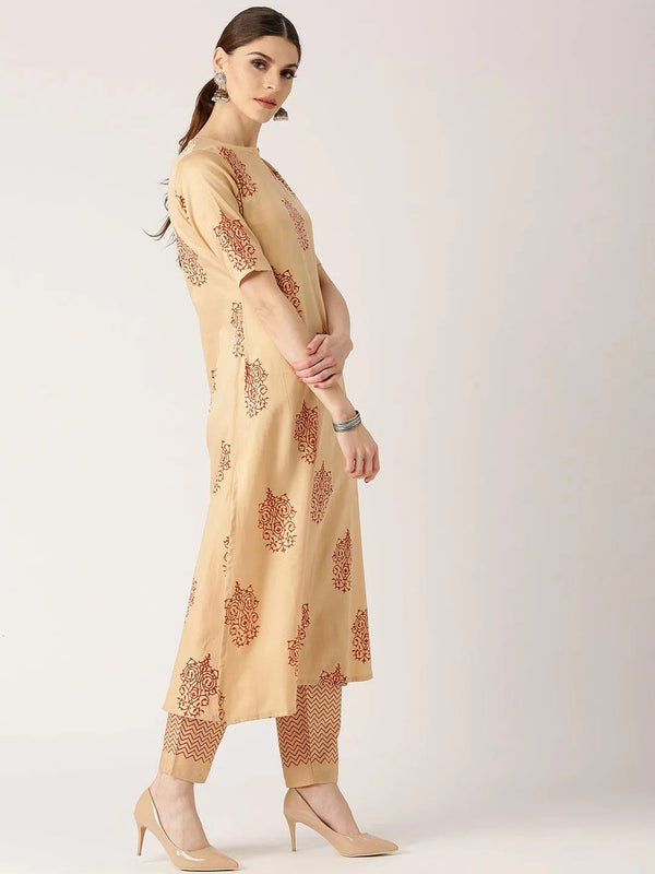 Beige Printed Cotton Kurta Set - Jashvi