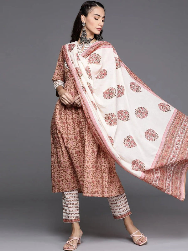 Beige Printed Cotton Suit Set - Jashvi