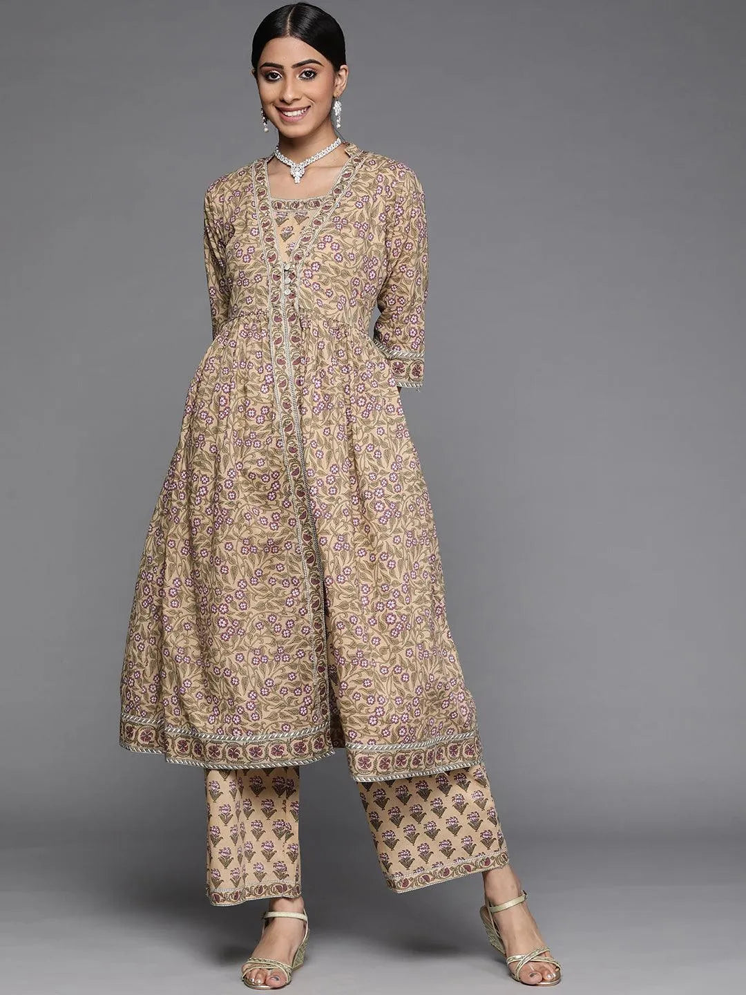 Beige Printed Cotton Kurta Set - Jashvi