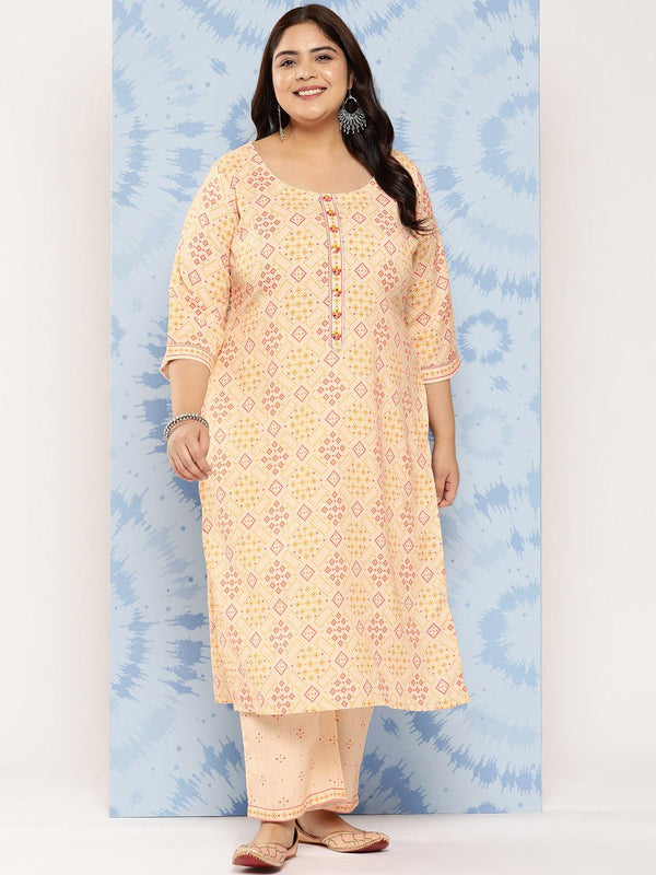 Beige Printed Cotton Blend Straight Kurta With Trousers - Jashvi