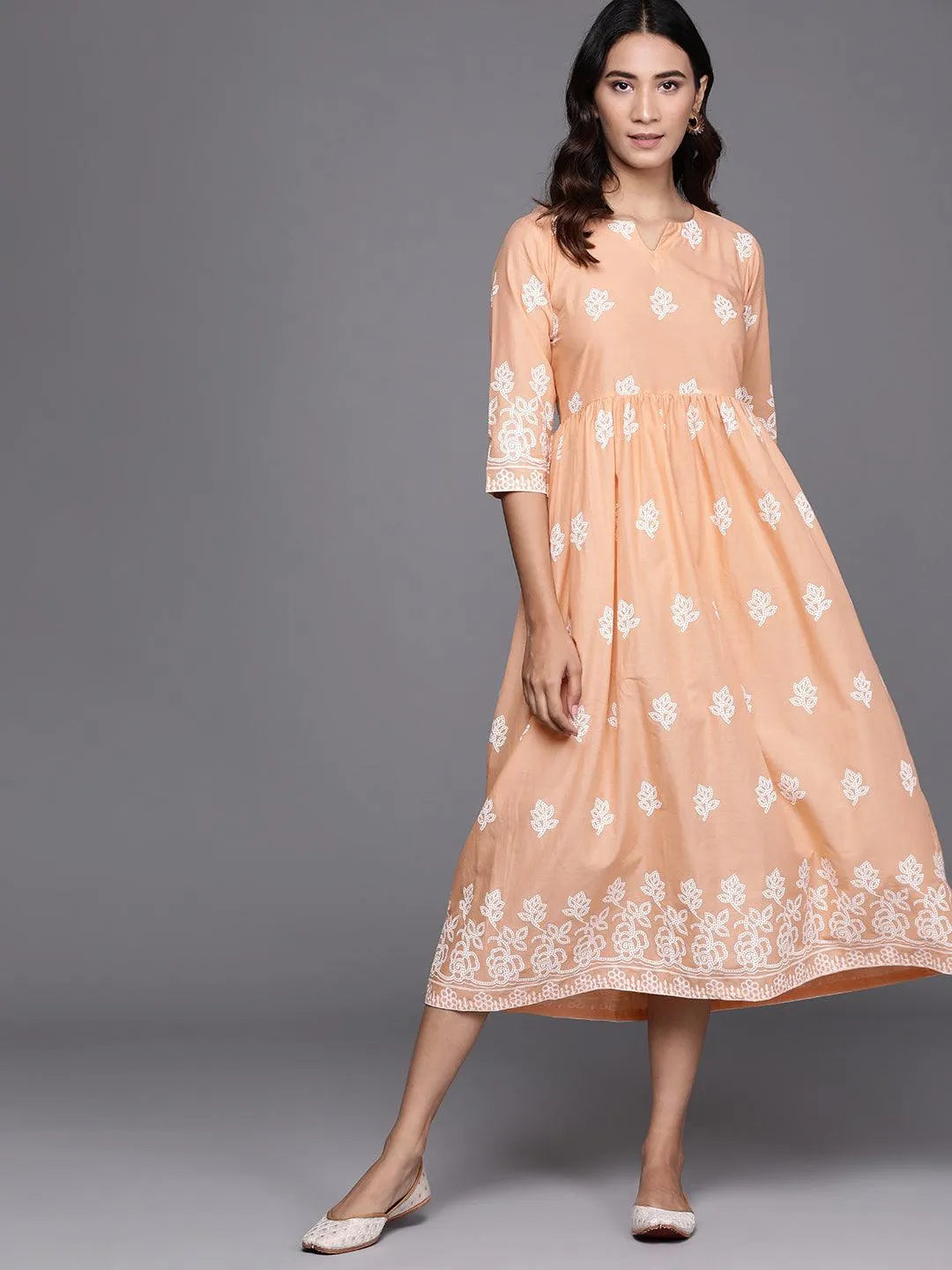 Beige Printed Cotton Dress - Jashvi