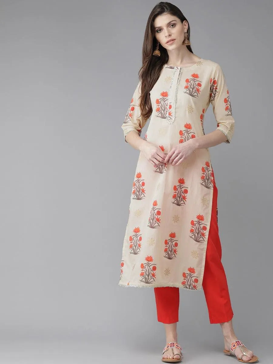 Beige Printed Cotton Kurta - Jashvi