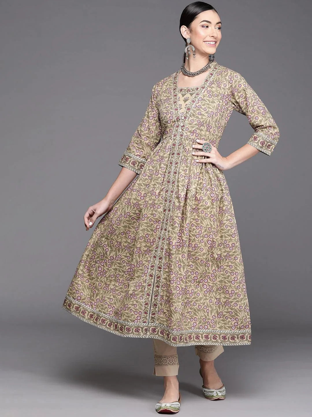 Beige Printed Cotton Kurta - Jashvi