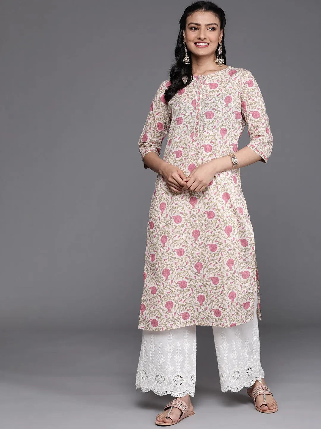 Beige Printed Cotton Kurta - Jashvi