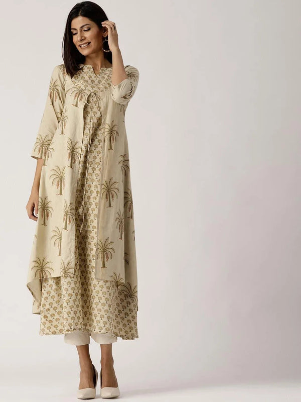 Beige Printed Cotton Kurta With Jacket - Jashvi