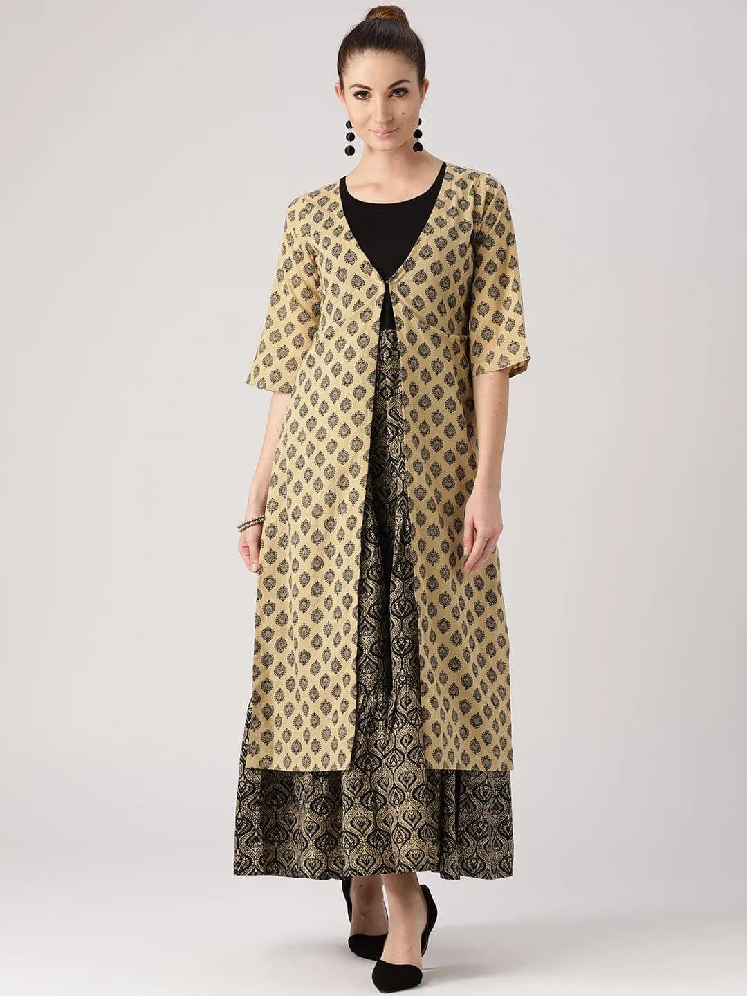 Beige Printed Cotton Kurta With Jacket - Jashvi