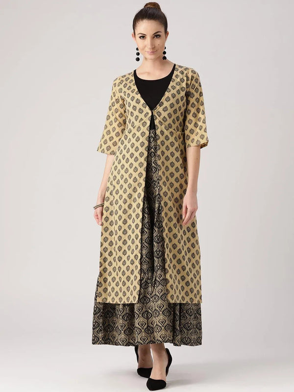 Beige Printed Cotton Kurta With Jacket - Jashvi