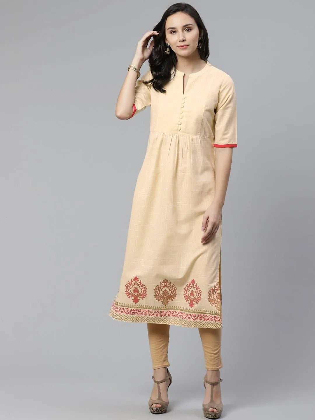 Beige Printed Cotton Kurti - Jashvi