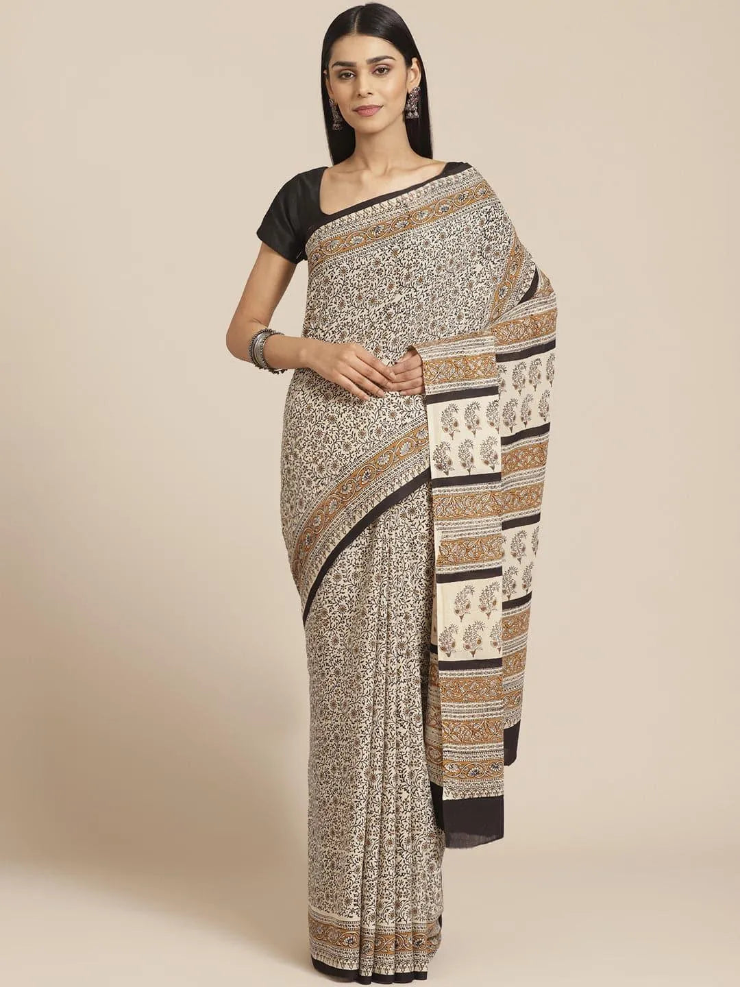 Beige Printed Cotton Saree - Jashvi