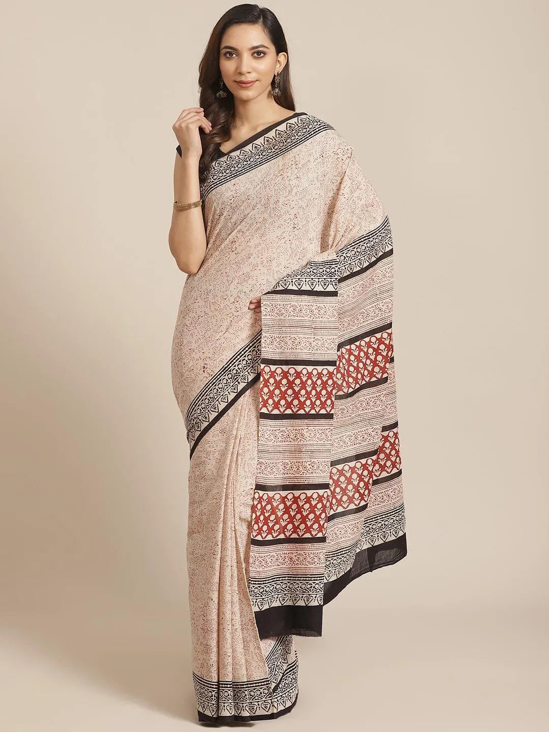 Beige Printed Cotton Saree - Jashvi