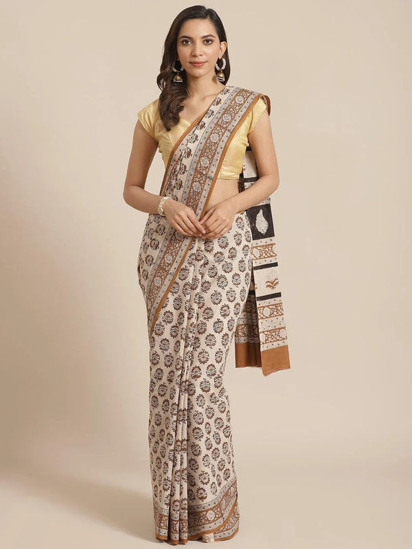 Beige Printed Cotton Saree - Jashvi