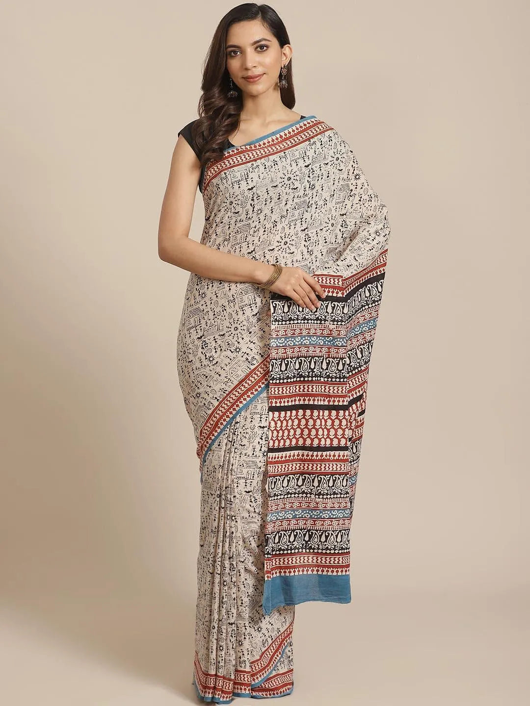 Beige Printed Cotton Saree - Jashvi