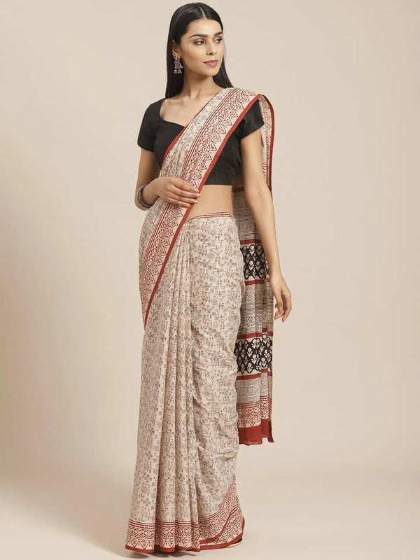 Beige Printed Cotton Saree - Jashvi