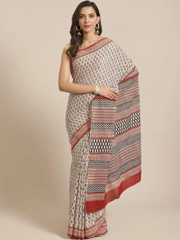 Beige Printed Cotton Saree - Jashvi