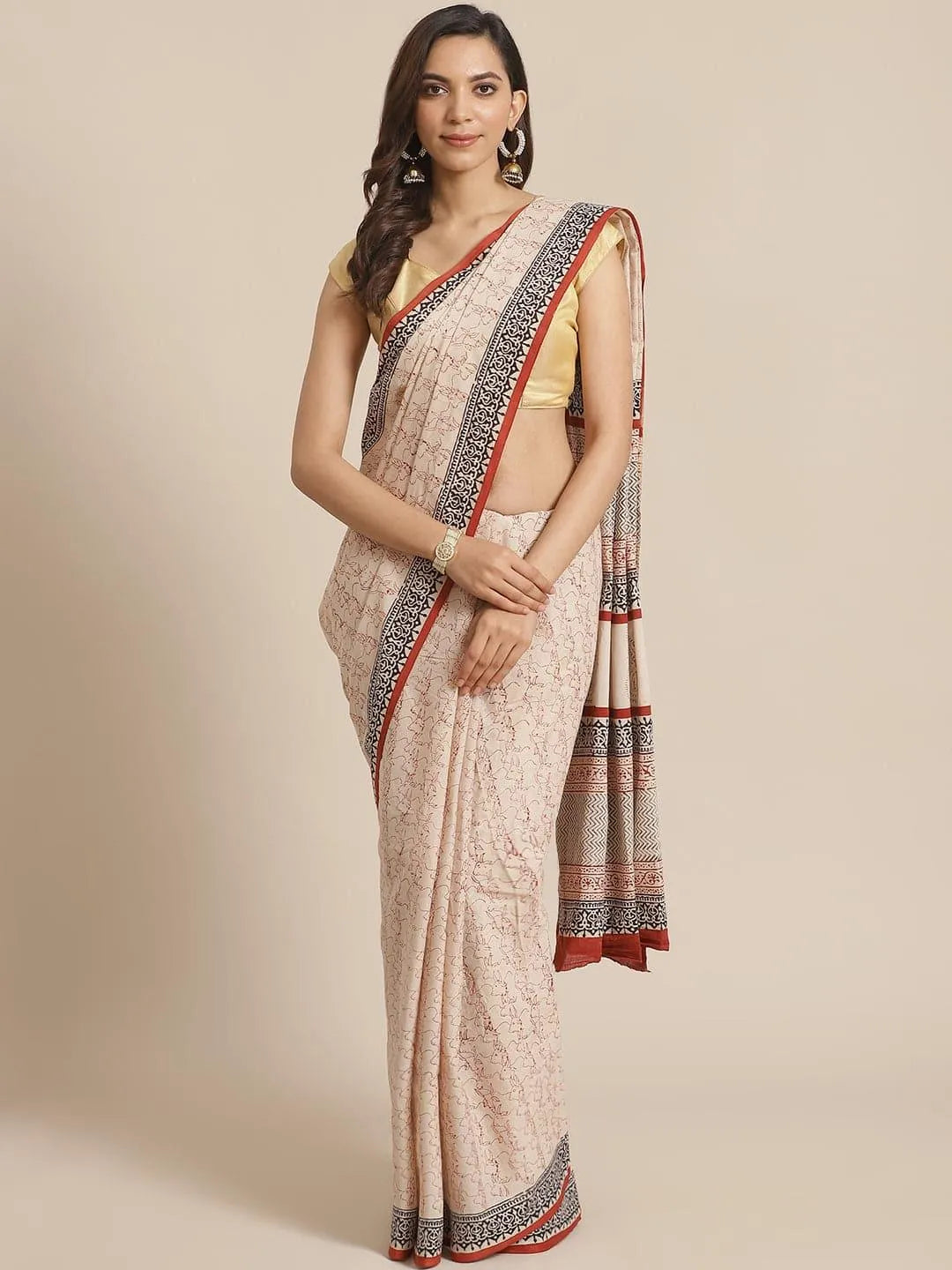 Beige Printed Cotton Saree - Jashvi