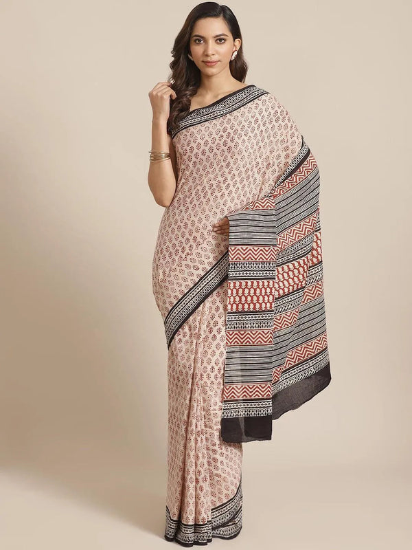 Beige Printed Cotton Saree - Jashvi