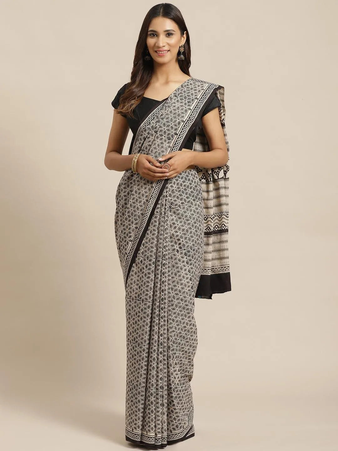 Beige Printed Cotton Saree - Jashvi