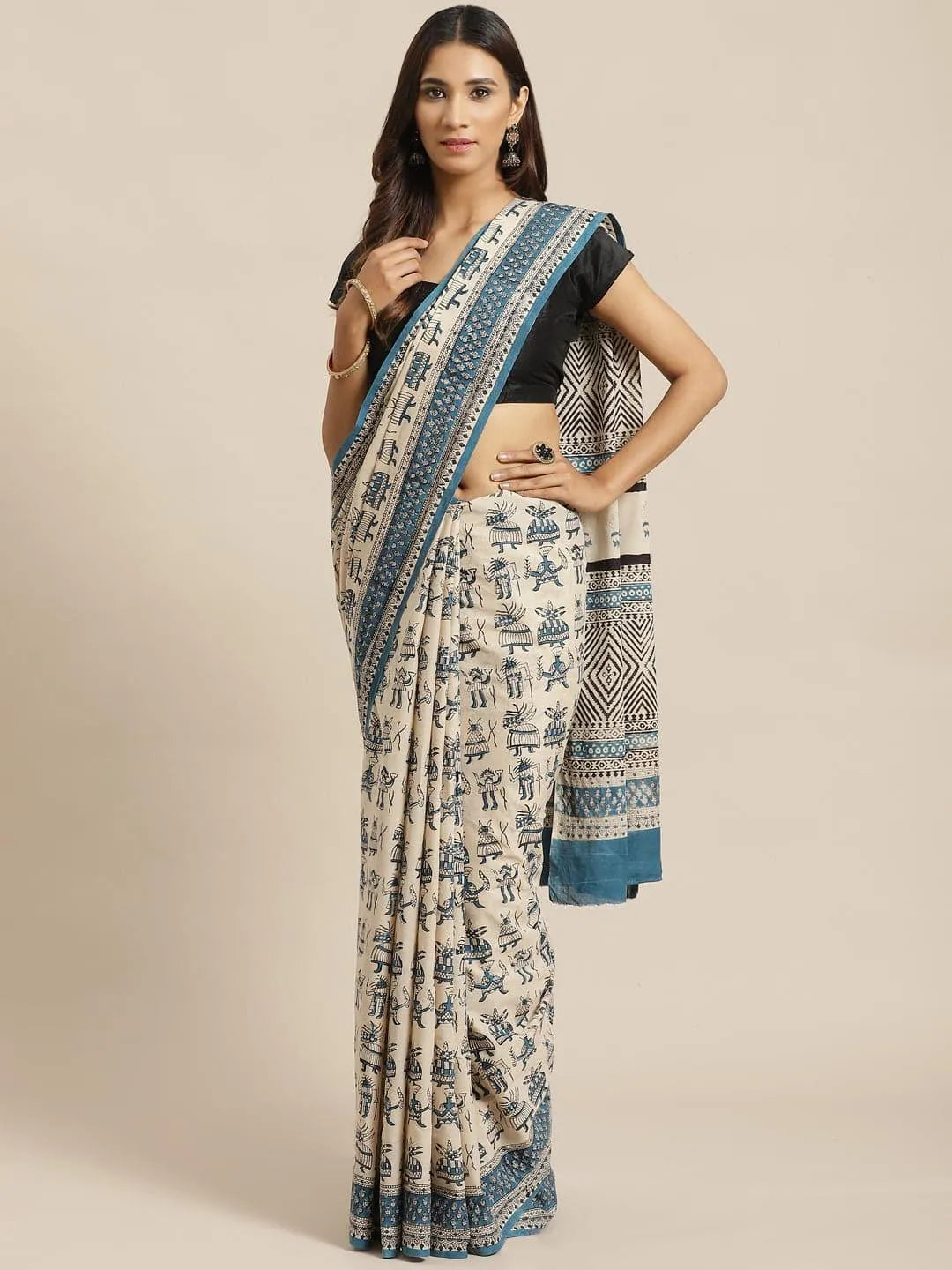 Beige Printed Cotton Saree - Jashvi