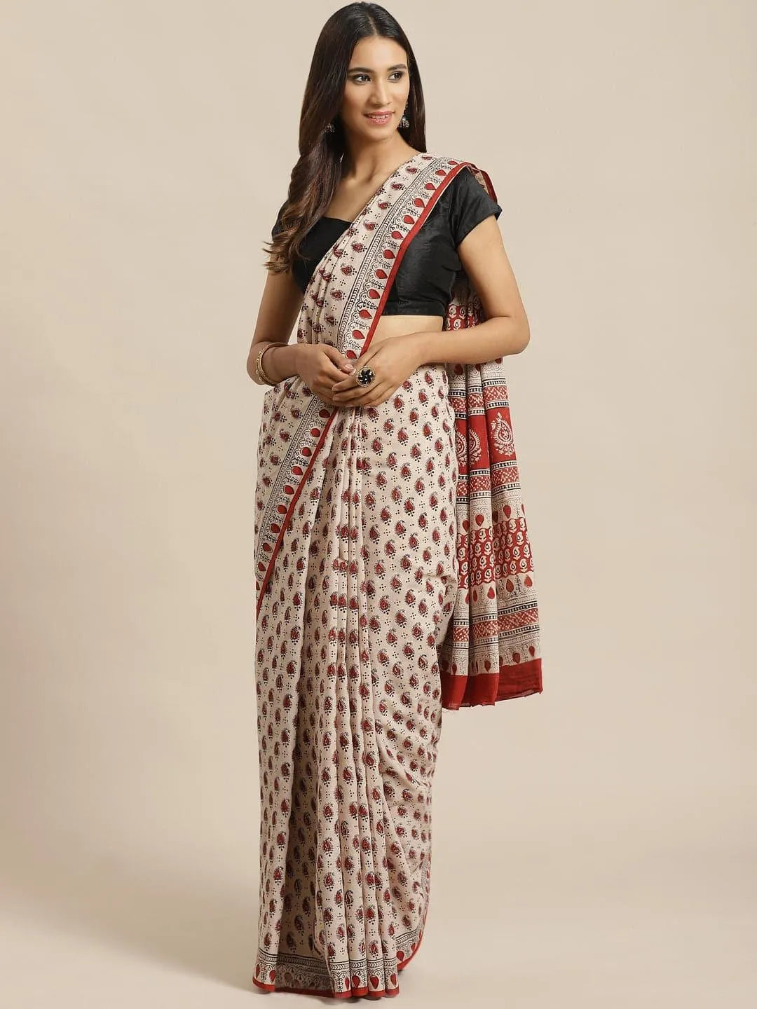 Beige Printed Cotton Saree - Jashvi