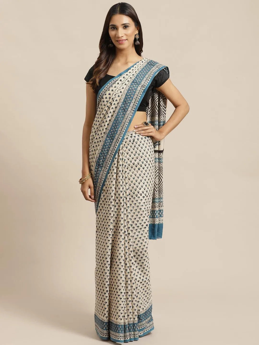 Beige Printed Cotton Saree - Jashvi