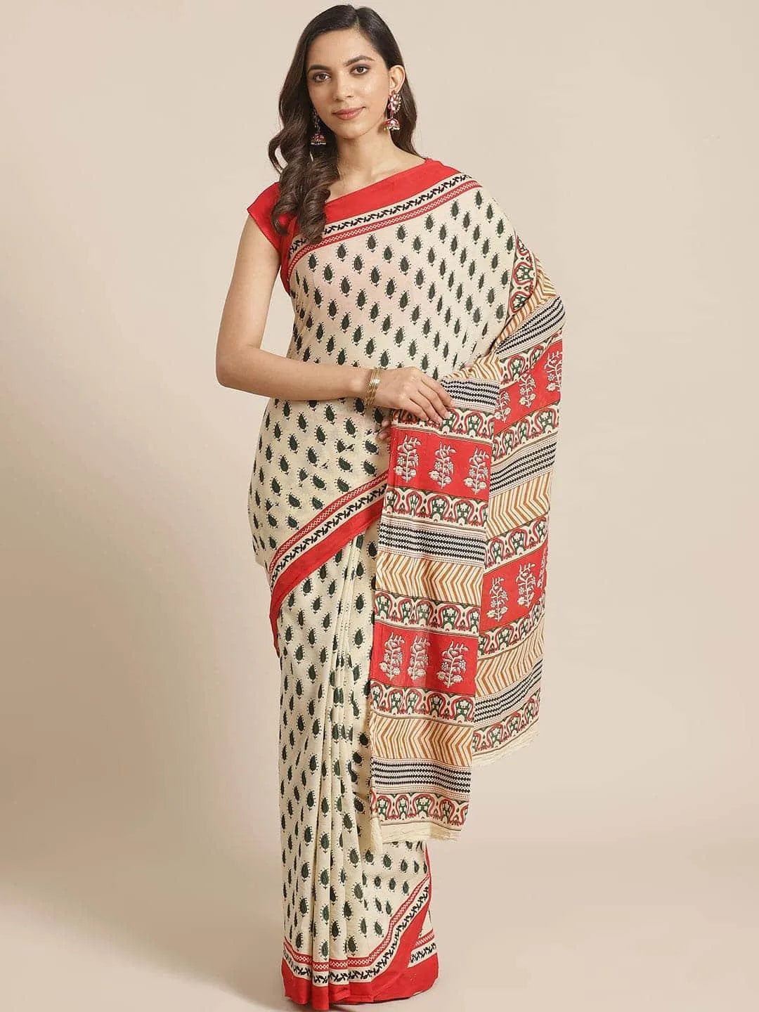 Beige Printed Cotton Saree - Jashvi