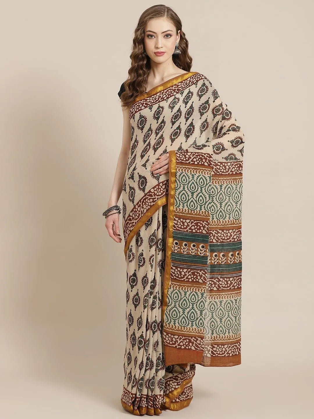 Beige Printed Cotton Saree - Jashvi