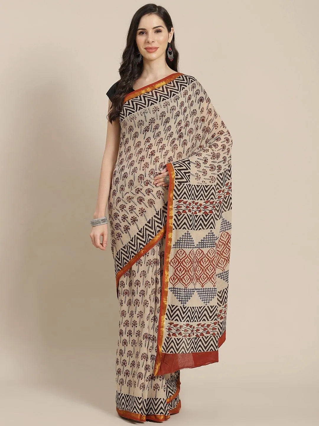 Beige Printed Cotton Saree - Jashvi